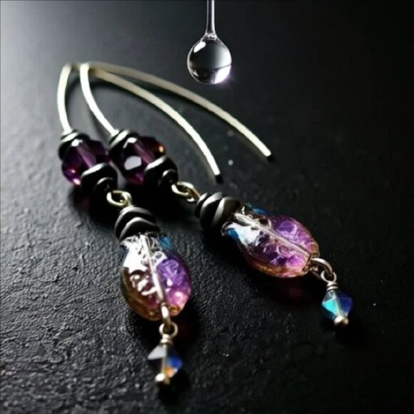 Hand Crafted Jewelry - Purple + Black Iridescent Glass Fish Danglers ~ Goth + Beachy! Sea Life Earrings